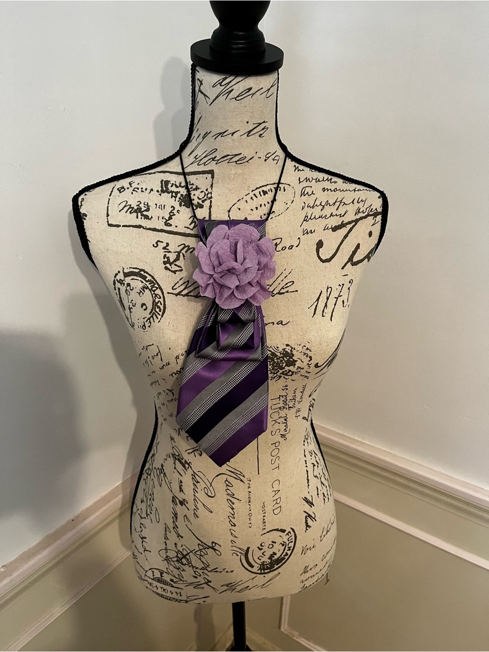 Purple Striped Necktie Necklace with Lilac Flower Accent